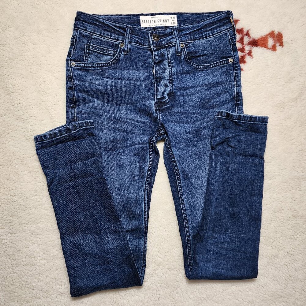 Topman Blue Stretch Skinny Jeans 28 x 30 Medium Dark Wash Button Mid Rise Casual